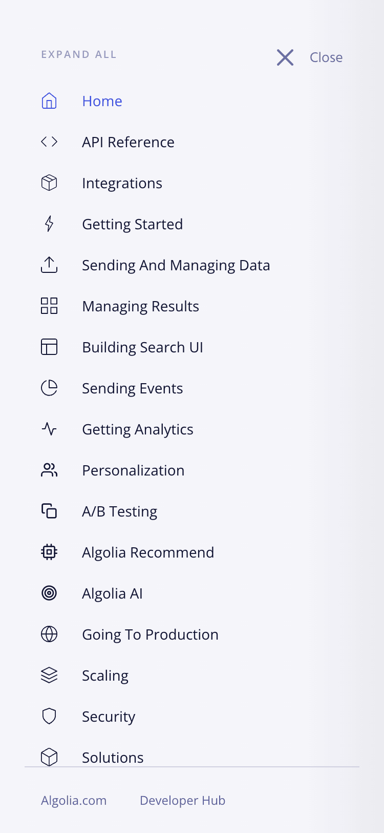 A mobile screenshot of the Algolia documentation navigation. The navigation covers the whole screen and lists the various guides. A 'close' button can be seen in the upper right corner of the screen.