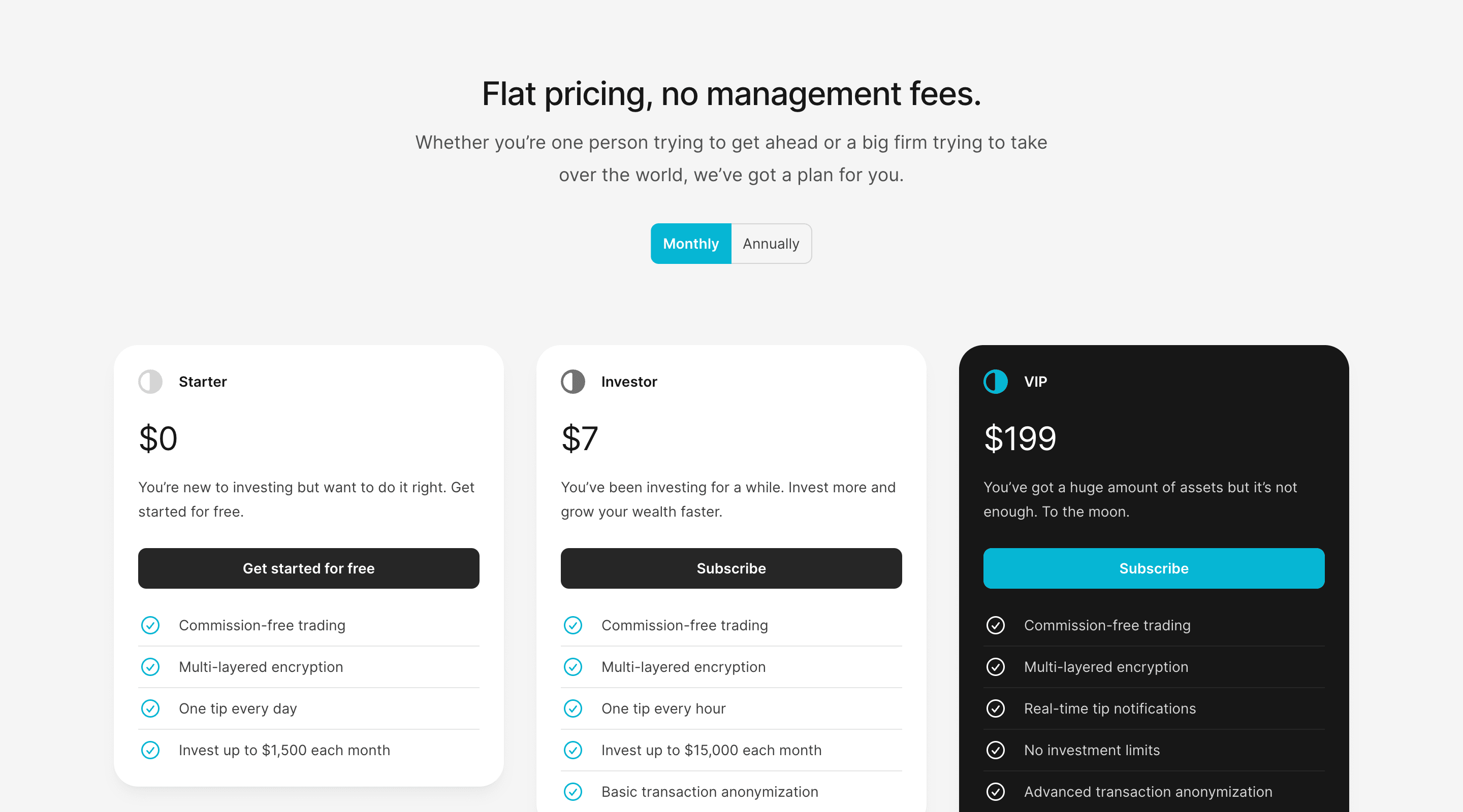 Screenshot of the pricing section of the Pocket Tailwind UI template. There is a section heading and introduction paragraph, followed by a time period button group with the options 'Monthly' and 'Annually'. The pricing plans are arranged in three columns. Each plan has a name, price, description, list of features, and a 'Subscribe' button.